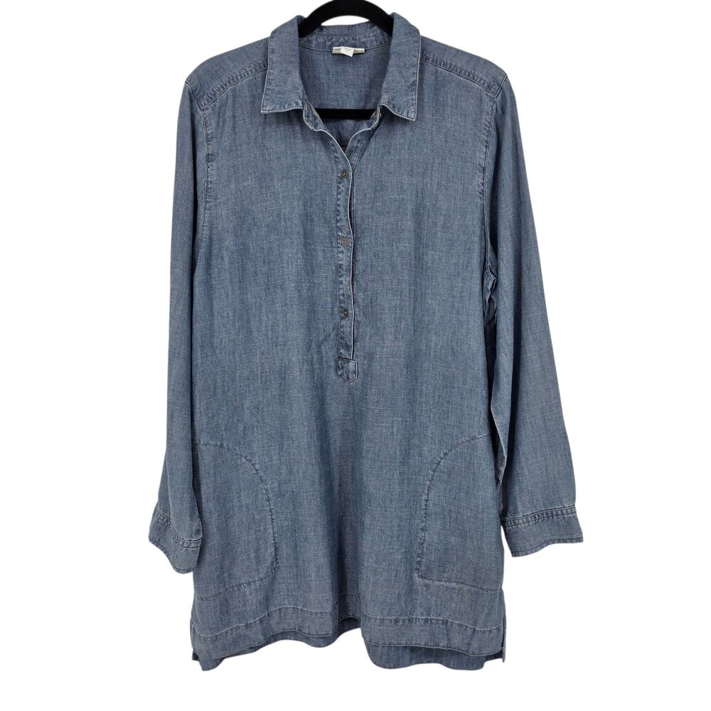 J.Jill Chambray Linen Blend Popover Long Sleeve Tunic Top With Pockets Size L